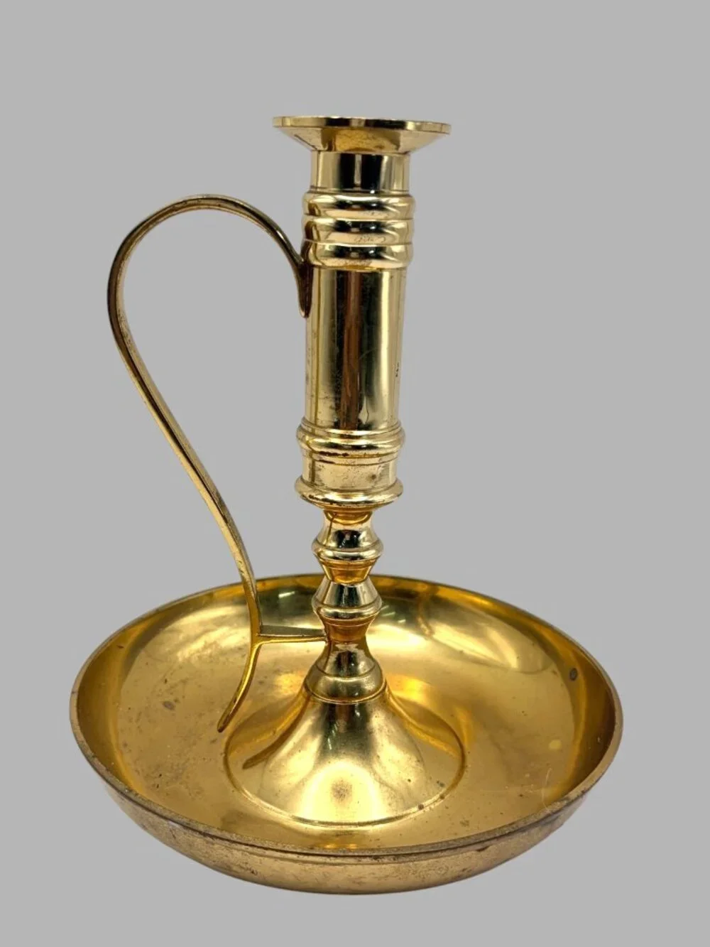 Vintage Brass Chamberstick Candle Holder Made in India 7.5” Handle Catch Tray